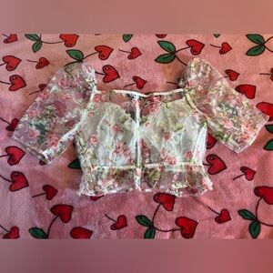 Hers & Mine 💕 Floral Sheer Puff Sleeve Corset Top sz S fits XS / XXS